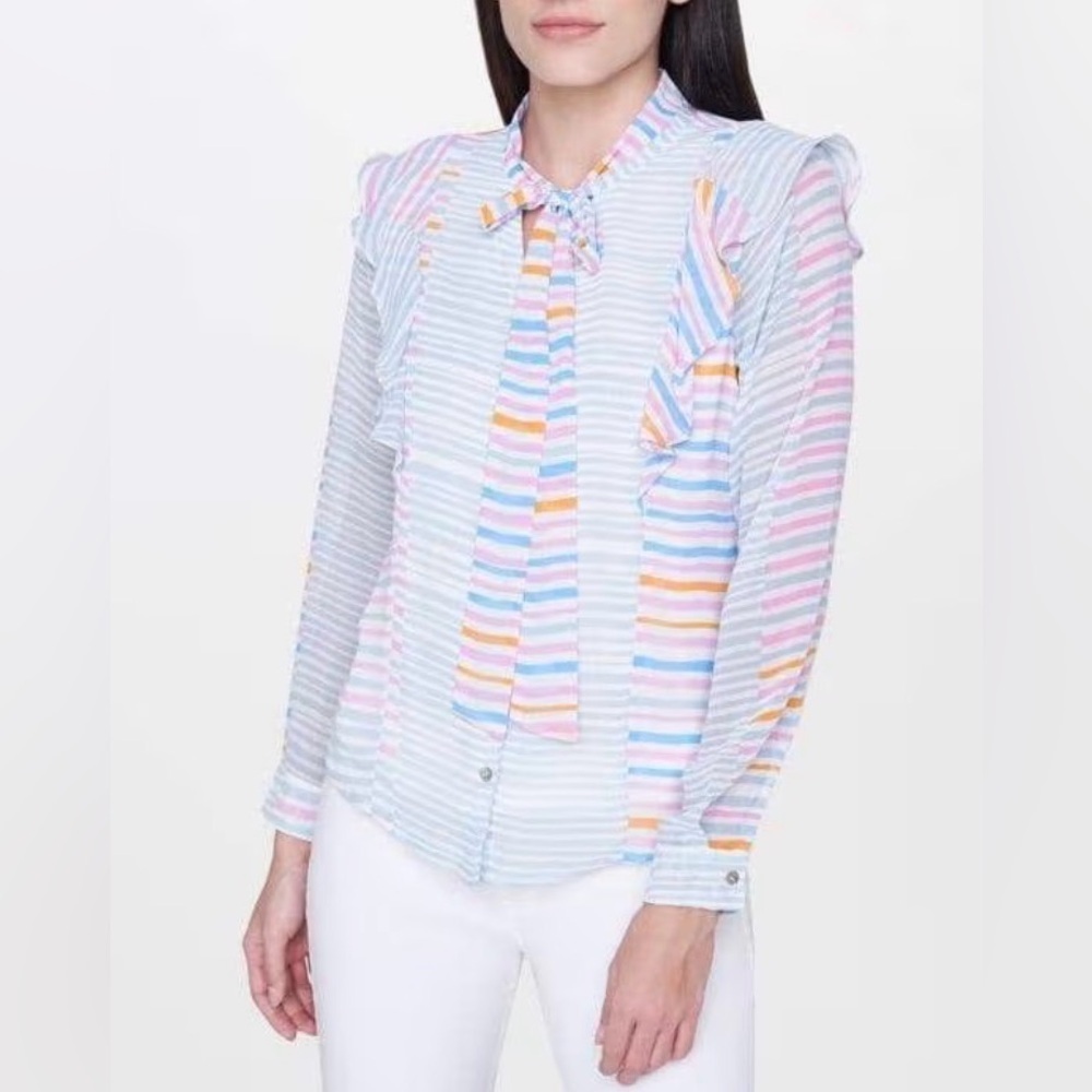 AND Striped Ruffle Blouse Size 16 ā Pastel Multicolor Tie Neck Top (1229)